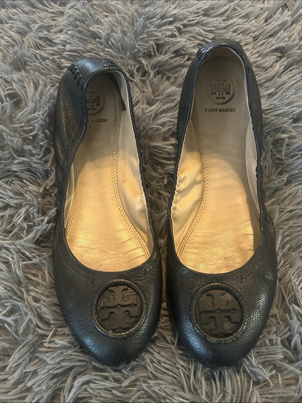 Tory Burch Black Leather Logo Ballet Flats